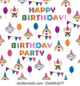 Happy birthday seamless pattern with cartoon dogs of the Dalmatian, Bulldog, Terrier, Corgi breed. Birthday gifts, balloons, sweets and party hats.