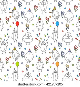 Happy birthday seamless pattern. Cartoon funny bird. Offset printing with displacement inks. Stock vector illustration.