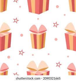 Happy Birthday. Seamless pattern for the celebration, wedding, fun with holiday horseshoes in boxes with silk bows. Vector image. Isolated objects. 
