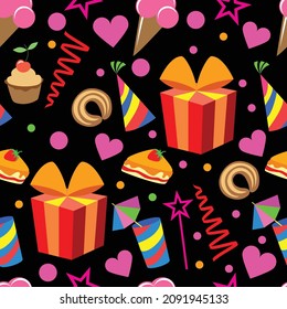 Happy Birthday. Seamless pattern for the celebration, wedding, congratulations and anniversary. Vector image. Isolated objects on black background. 