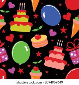 Alles Gute zum Geburtstag! Nahtlose Muster für die Feier, Hochzeit, Glückwunsch und Jubiläum. Vektorbild auf schwarzem Hintergrund. 