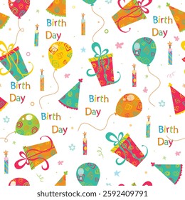 Happy birthday seamless pattern, celebration gift vector illustration, gift, balloon, candle, typography, letters, stationery