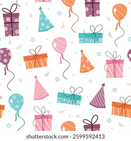 Happy birthday seamless pattern, celebration gift vector illustration, gift, balloon, candle, party