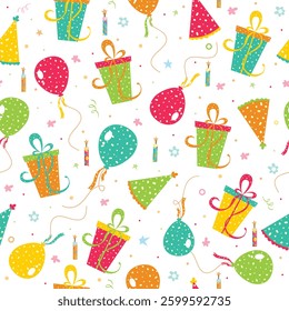 Happy birthday seamless pattern, celebration gift vector illustration, gift, balloon, candle, party