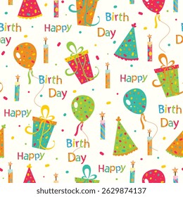 Happy birthday seamless pattern, celebration gift vector illustration, gift, balloon, candle, typography, letters, stationery, birthday seamless pattern, childish