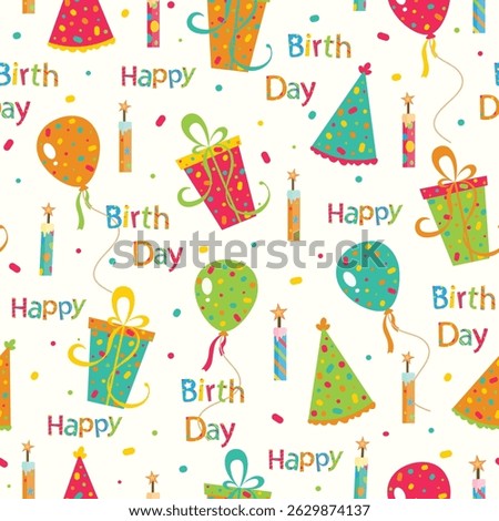Happy birthday seamless pattern, celebration gift vector illustration, gift, balloon, candle, typography, letters, stationery, birthday seamless pattern, childish
