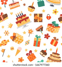 Happy Birthday seamless pattern. Child vector illustration.