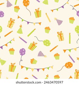 Happy birthday seamless pattern with colorful party elements balloons cake, celebration, kids , party vector illustration
