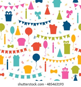 Happy Birthday seamless pattern with colorful party elements. Balloons, flags, confetti, cupcakes, gifts, candles, bows and decorative ribbons. Vector illustration