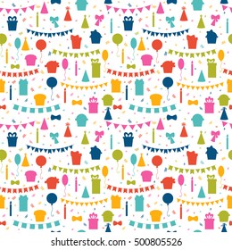 Happy Birthday seamless pattern with colorful party elements. Balloons, flags, gifts, confetti, cupcakes, candles, bows and decorative ribbons. Vector illustration