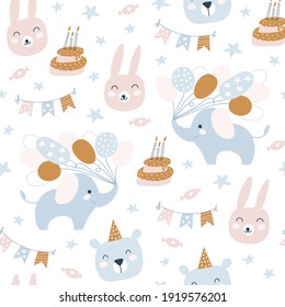 Feliz cumpleaños sin problemas. Pasteles de crema de cumpleaños, animales. Vacaciones para niños. Vector