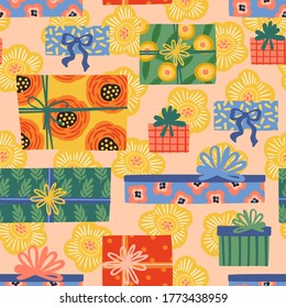 Happy Birthday. Seamless pattern with cute gift boxes and flowers. Vector design