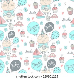 happy birthday seamless pattern with cute cat and cakes