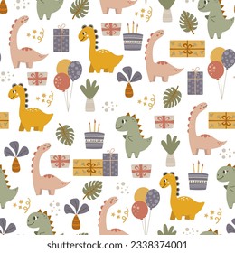 Happy birthday seamless pattern with cute dinosaurs. Dino baby vector background. Vector illustration in funny cartoon style.