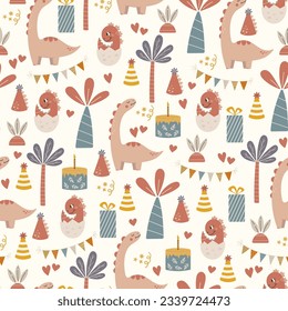 Happy birthday seamless pattern with cute dinosaurs. Dino baby vector background. Vector illustration in funny cartoon style.