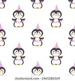 patrón sin costuras de feliz cumpleaños con lindos pingüinos, confeti y guirnalda