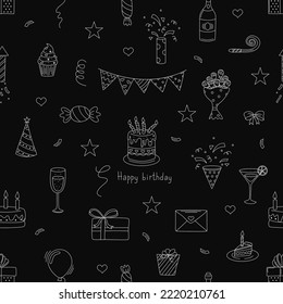 Happy Birthday. Seamless pattern with birthday elements. Cakes, gifts, balloons and more. Outline vector illustration in doodle style.