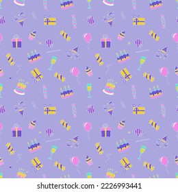 Happy Birthday. Seamless pattern with birthday elements. Cakes, gifts, balloons and more. Flat vector illustration in doodle style.