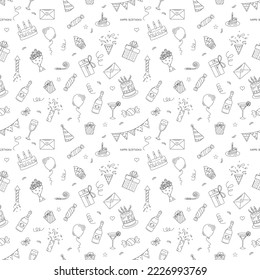 Happy Birthday. Seamless pattern with birthday elements. Cakes, gifts, balloons and more. Outline vector illustration in doodle style.
