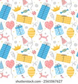 Happy Birthday seamless pattern. Endless vector illustration, repetitive white background with colorful bday party objects. Fun elements, joyful celebration. Flat kids, childish birthday design.