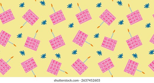 Happy Birthday seamless pattern for fabric, wrapping paper, wallpaper, textile print. Vintage pink cakes, cupcakes and berries. Birthday holiday background in groovy retro style 