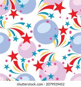 Happy Birthday. Seamless pattern fairytale fashion childrens decoration balloons, salute, fireworks. Vector image. 