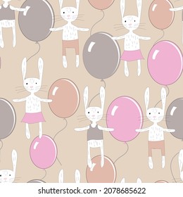 Happy Birthday! Seamless pattern with festive hares and balloons. Children's decoration. Vector image. 