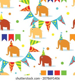 Happy Birthday! Seamless pattern with festive elephants and paper garlands. Children's decoration. Vector image. 