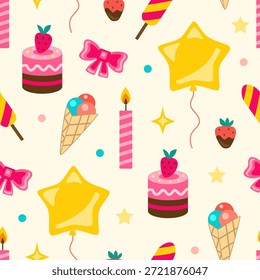 Feliz cumpleaños sin patrón con decoraciones festivas, dulces y globos.  Ilustración vectorial. Antecedentes de Festiva.