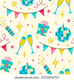 Feliz aniversário sem emenda padrão com decorações festivas, bola de disco e champanhe.  Ilustração vetorial. Fundo do feriado.