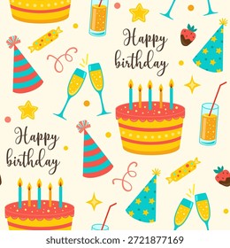 Feliz cumpleaños sin patrón con decoraciones festivas, pastel y champán.  Ilustración vectorial. Antecedentes de Festiva