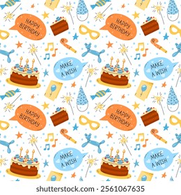 Happy Birthday seamless pattern. Fun vector background, repeated illustration with colorful bday party objects. Funny elements, joyful celebration print. Flat childish design.