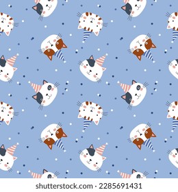 Happy birthday seamless pattern. Funny kittens in holiday hats and confetti.