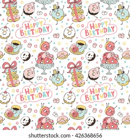 Happy birthday. Seamless pattern with funny donuts and sweets.