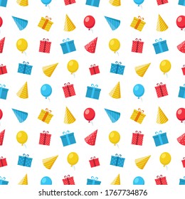 Alles Gute zum Geburtstag, nahtloses Muster mit Geschenk, Ballon, festlicher Hut, Streamer. Vektorgrafik
