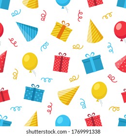 Alles Gute zum Geburtstag, nahtloses Muster mit Geschenk, Ballon, festlicher Hut, Streamer. Vektorgrafik