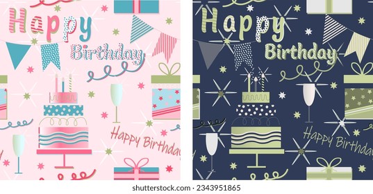 Happy birthday seamless pattern with gift, partycap, cake and baloon elements