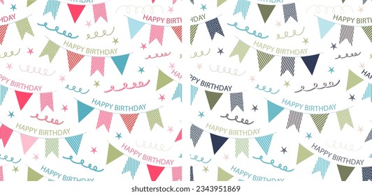 Happy birthday seamless pattern with gift, partycap, cake and baloon elements