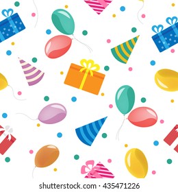 Happy Birthday Seamless Pattern with Gift Boxes and Balloons. Vector Background