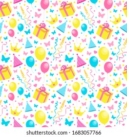 Happy Birthday seamless pattern with gifts, balloons, confetti, hearts. endless background for little princess