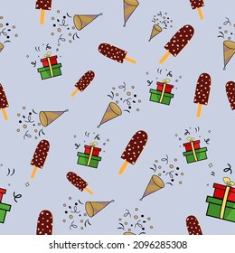 Happy Birthday seamless pattern with gifts and ice creme. Vector illustration. Design wallpaper, fabrics, postal packaging.