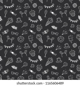 happy birthday seamless pattern with hand drawn style on blackboard background