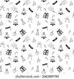 Happy Geburtstag nahtloses Muster. handgezeichnete Doodle. Vektorgrafik, Minimalismus, einfarbig, skandinavisch, nordisch, Skizze. Feiertag, Party, Kuchen, Geschenk, Maske, Champagner.