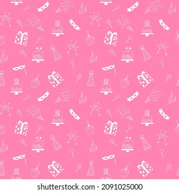 happy birthday seamless pattern. hand drawn doodle. vector, minimalism, scandinavian. holiday, party, cake, gift, mask, champagne.