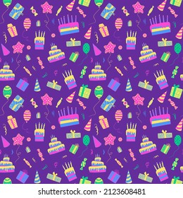 Happy birthday seamless pattern. Hand drawn doodles. Funny background. Vector illustration.
