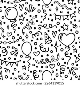 Happy Birthday seamless pattern with hand drawn doodles. Cute design for textile, wallpaper, wrapping paper.