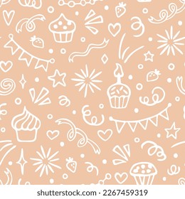 Happy Birthday seamless pattern with hand drawn doodles. Cute design for textile, wallpaper, wrapping paper.