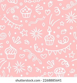 Happy Birthday seamless pattern with hand drawn doodles. Cute design for textile, wallpaper, wrapping paper.