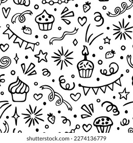 Happy Birthday seamless pattern with hand drawn doodles. Cute design for textile, wallpaper, wrapping paper.