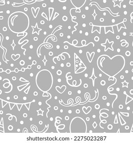 Happy Birthday seamless pattern with hand drawn doodles. Cute design for textile, wallpaper, wrapping paper.